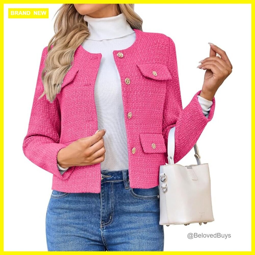 Tweed Blazer Cropped Jacket Long Sleeve Button Down Business Casual
